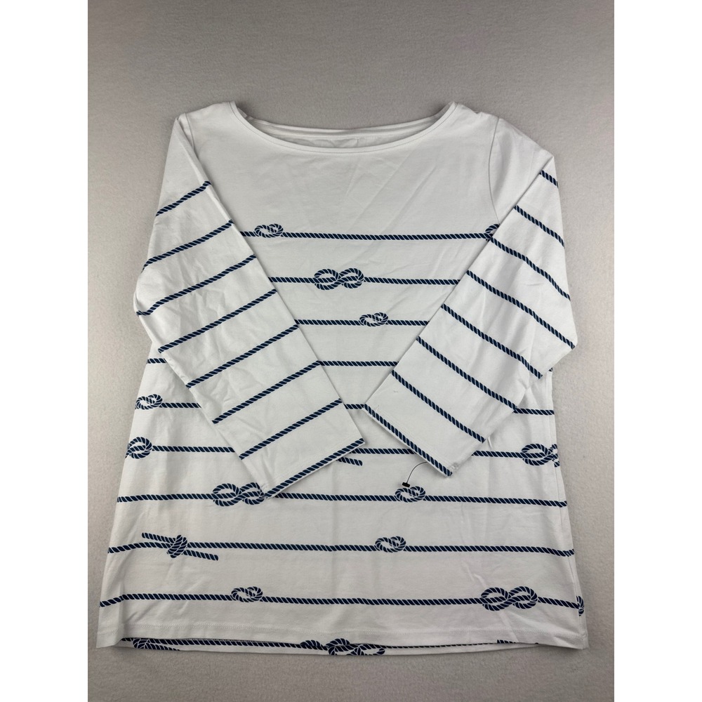 Talbots Tee Womens Large White Navy Blue Nautical Rope Knot Stripe Boat Neck Top